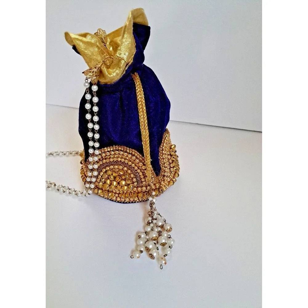 Royal Blue Velvet Potli Bag Gold Beadwork Pearl Handle Ethnic Wedding Clutch
